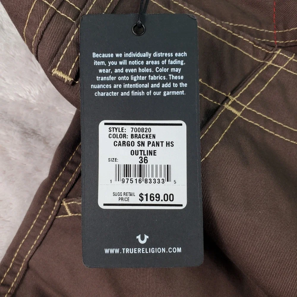True Religion Mens Cargo SN Pant HS Outline Bracken Brown Straight Leg 36( 37)